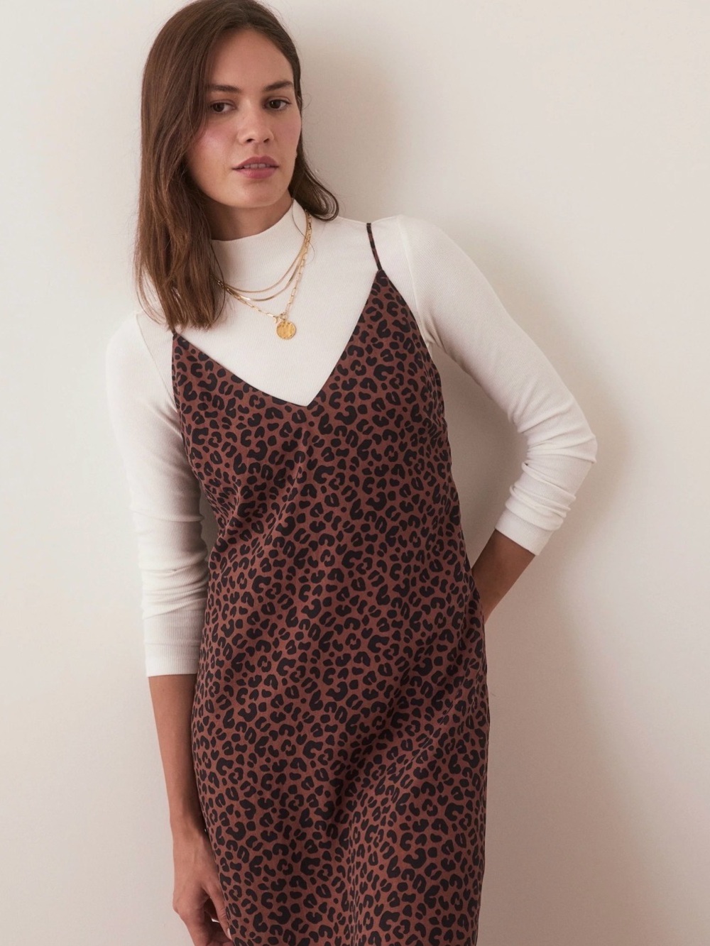 Marine Layer Brown Leopard Slip Midi Dress Adjustable Straps V Neck Size S - Picture 5 of 14